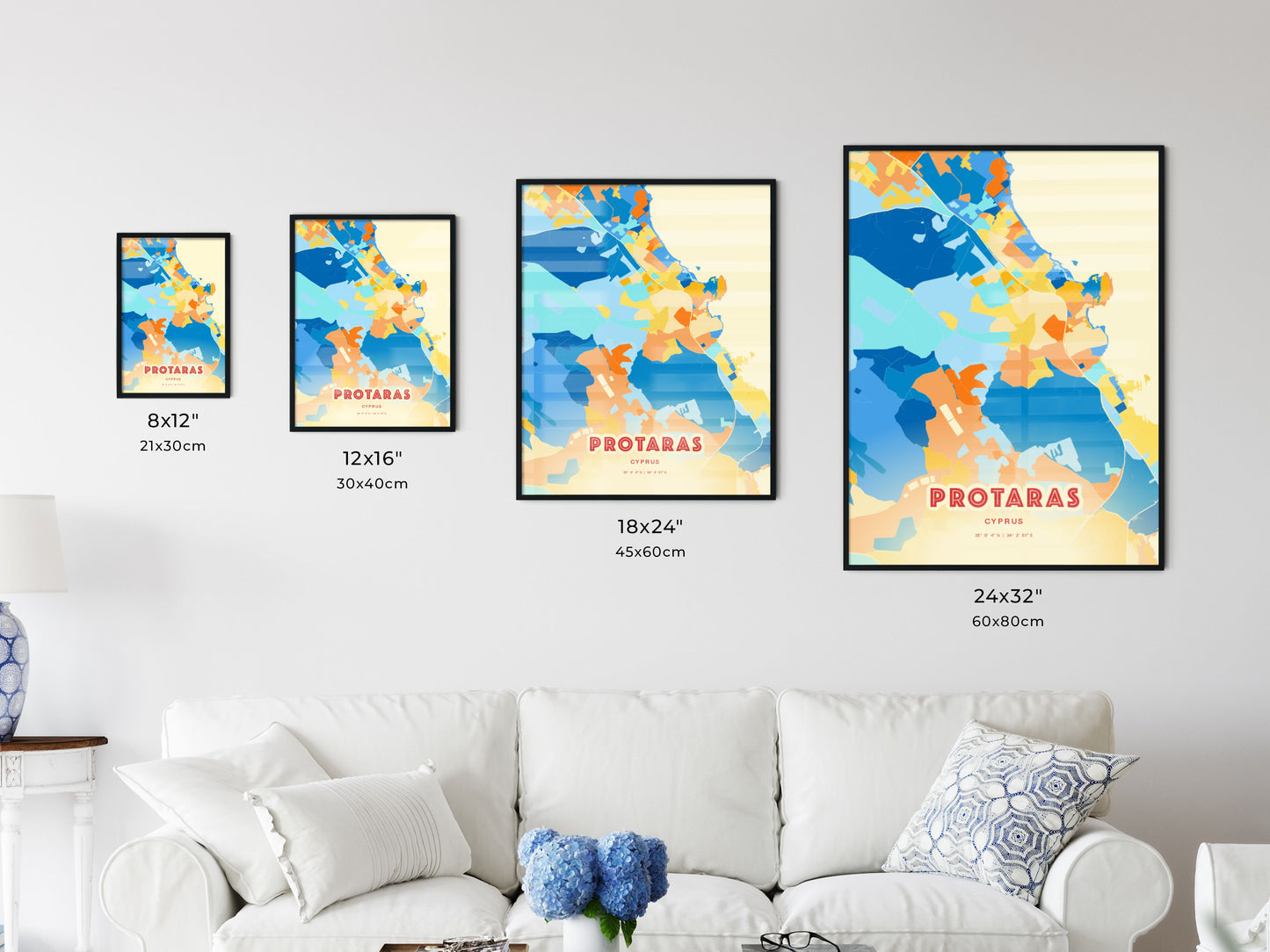 Colorful PROTARAS CYPRUS Fine Art Map Blue Orange