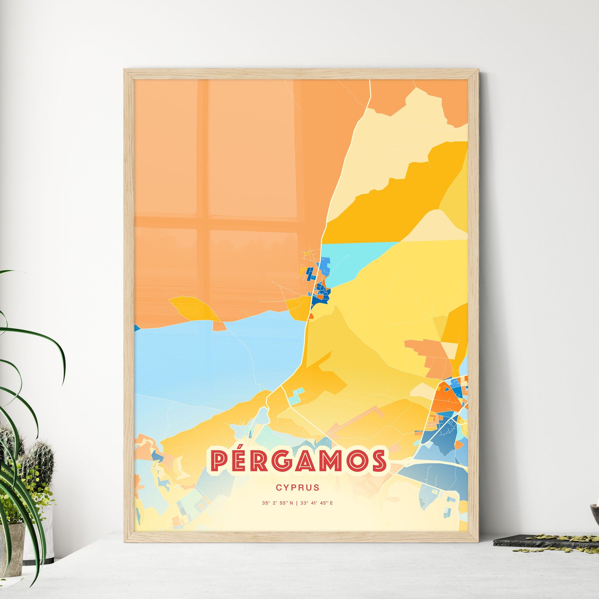 Colorful PÉRGAMOS CYPRUS Fine Art Map Blue Orange