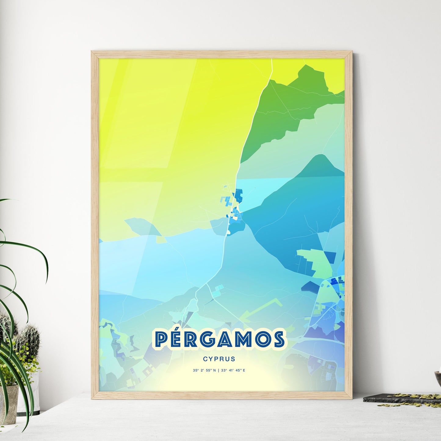 Colorful PÉRGAMOS CYPRUS Fine Art Map Cool Blue