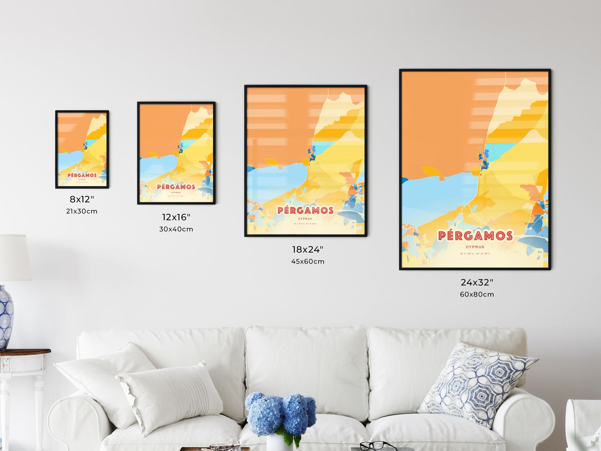 Colorful PÉRGAMOS CYPRUS Fine Art Map Blue Orange