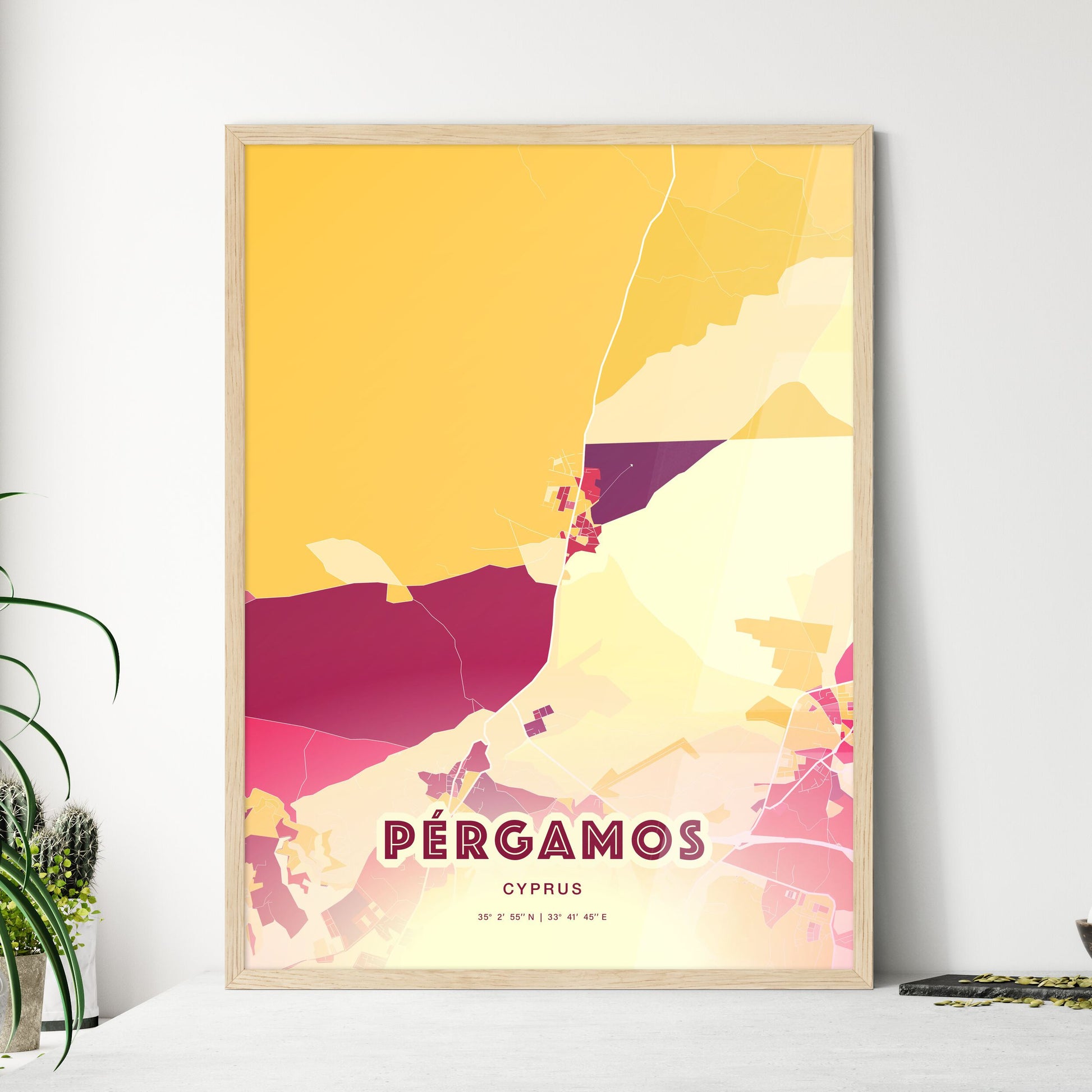 Colorful PÉRGAMOS CYPRUS Fine Art Map Hot Red