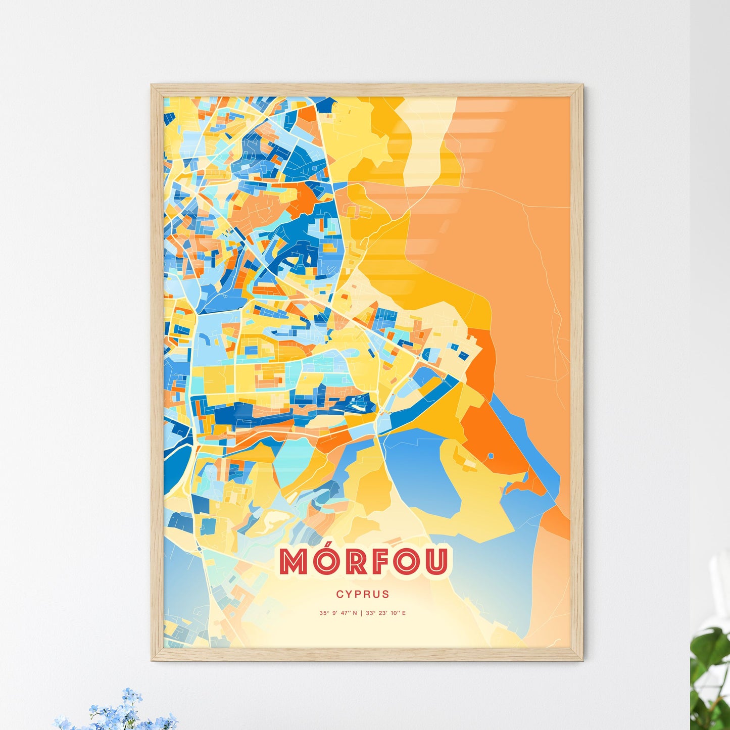 Colorful MÓRFOU CYPRUS Fine Art Map Blue Orange