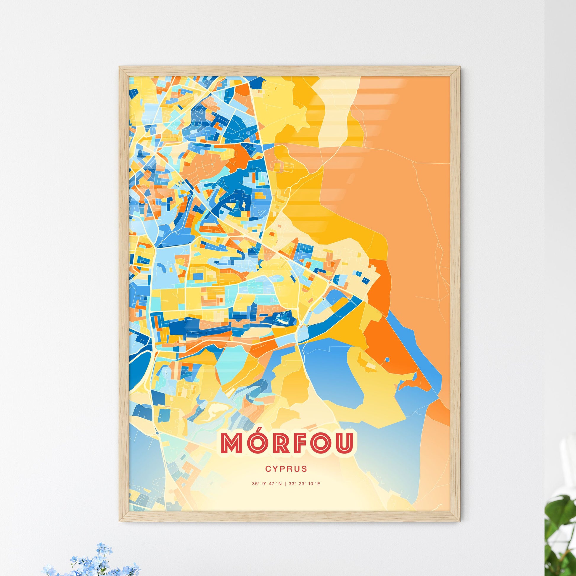 Colorful MÓRFOU CYPRUS Fine Art Map Blue Orange