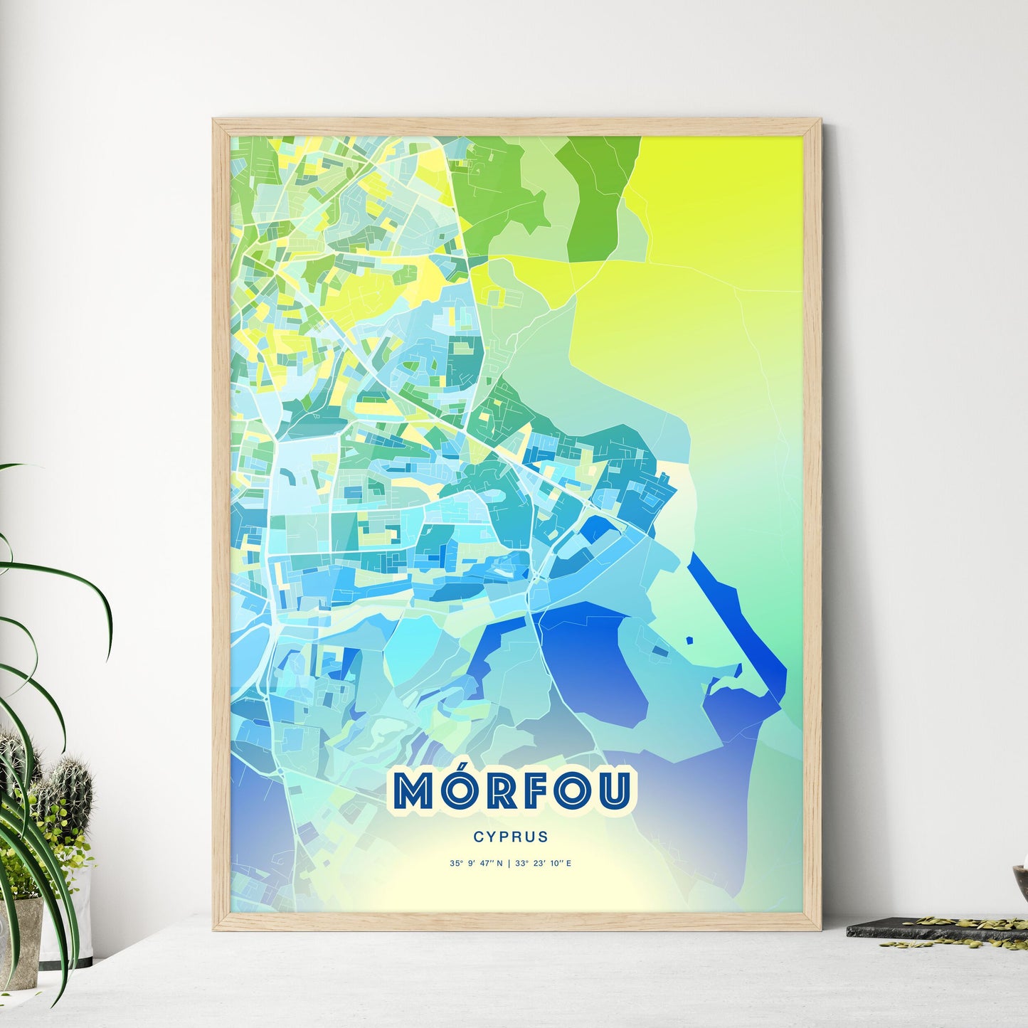 Colorful MÓRFOU CYPRUS Fine Art Map Cool Blue
