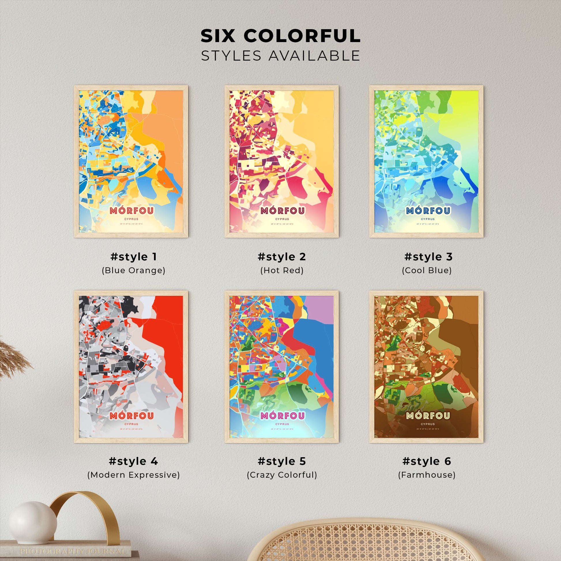 Colorful MÓRFOU CYPRUS Fine Art Map Blue Orange