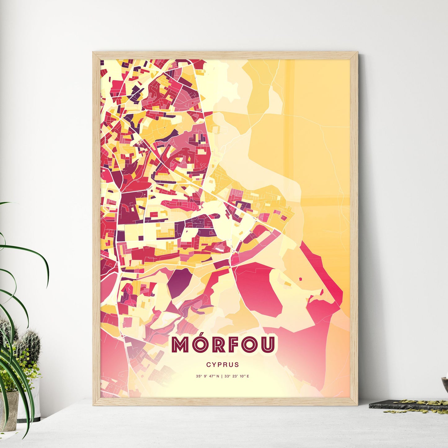 Colorful MÓRFOU CYPRUS Fine Art Map Hot Red