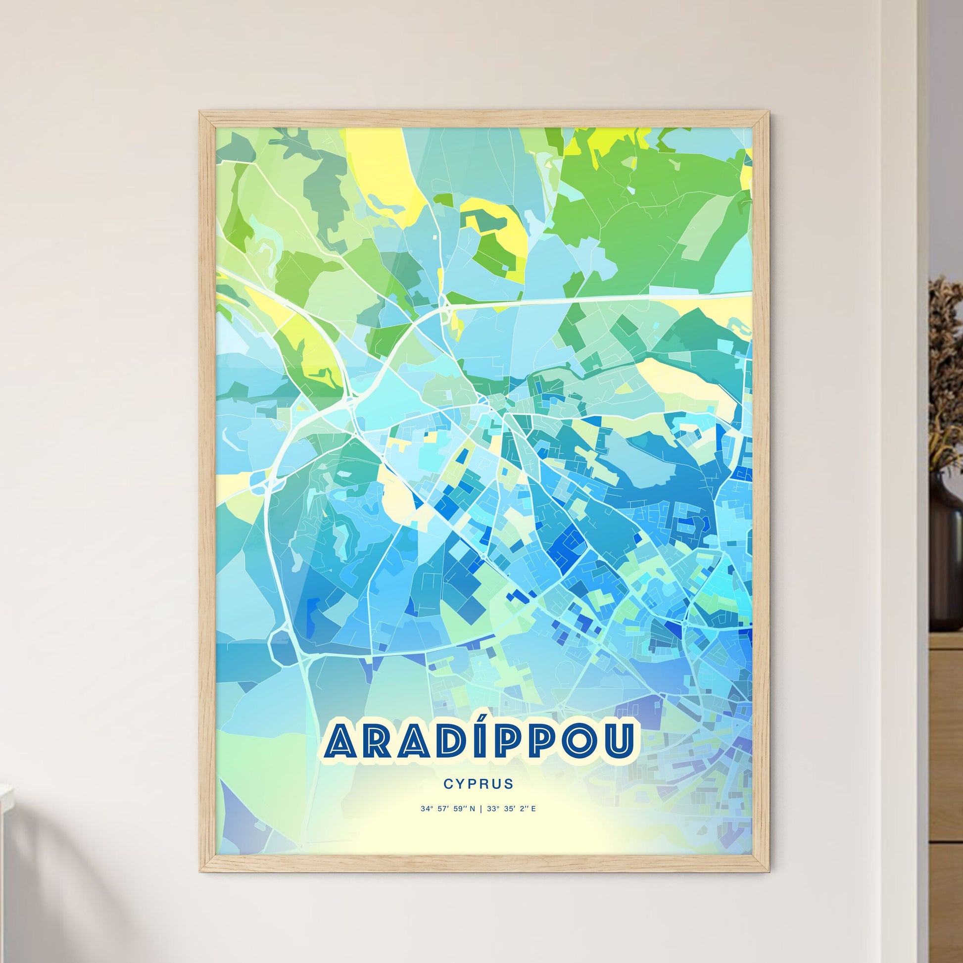 Colorful ARADÍPPOU CYPRUS Fine Art Map Cool Blue