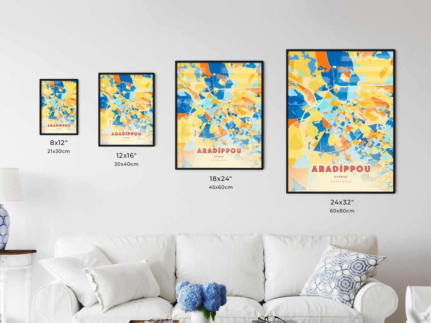 Colorful ARADÍPPOU CYPRUS Fine Art Map Blue Orange