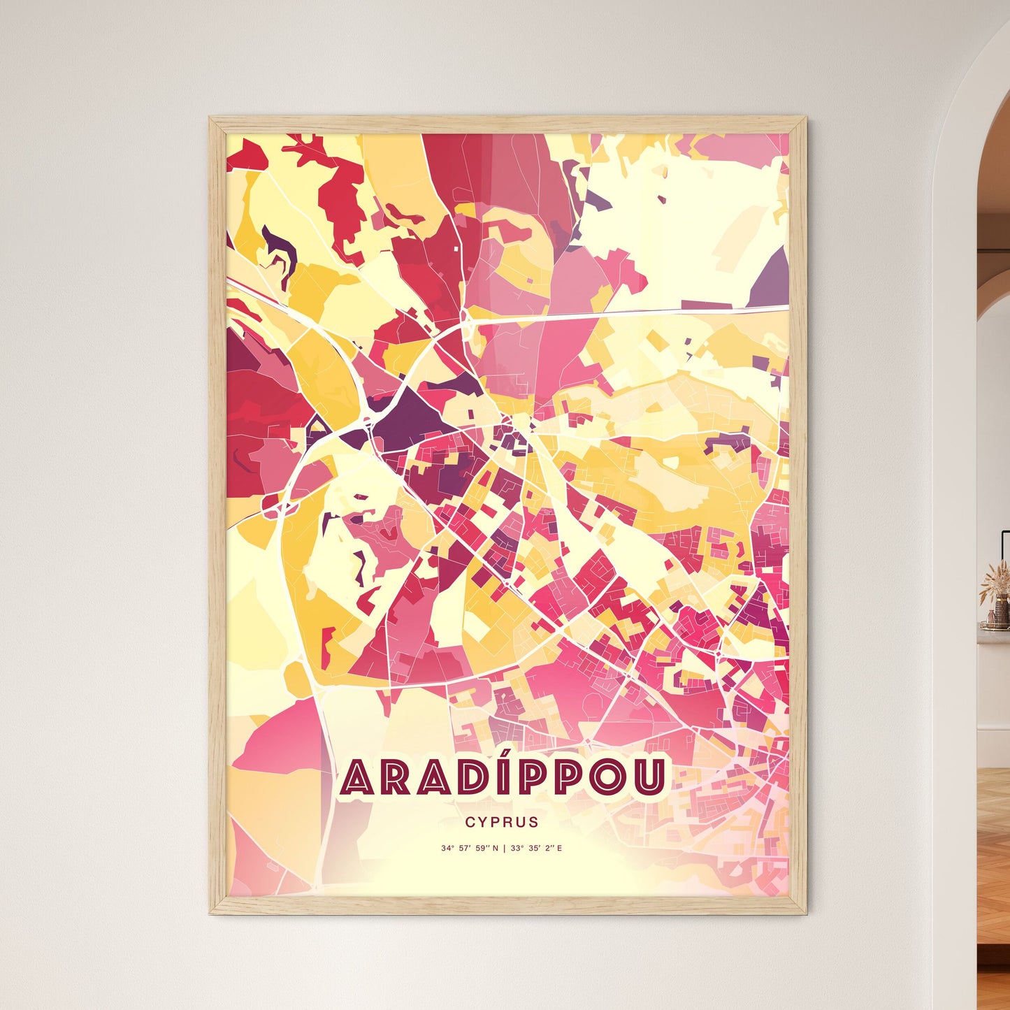 Colorful ARADÍPPOU CYPRUS Fine Art Map Hot Red