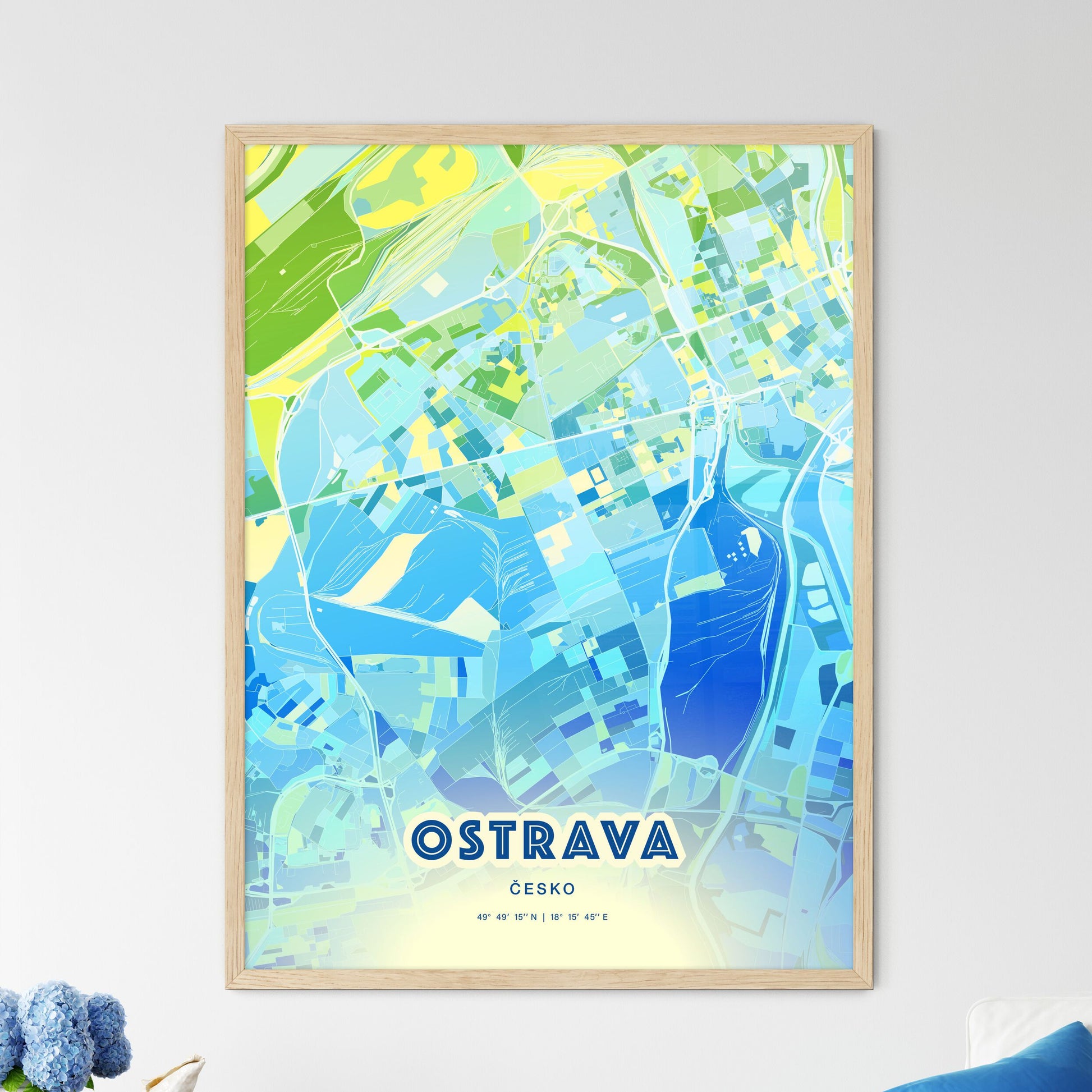 Colorful OSTRAVA CZECHIA Fine Art Map Cool Blue