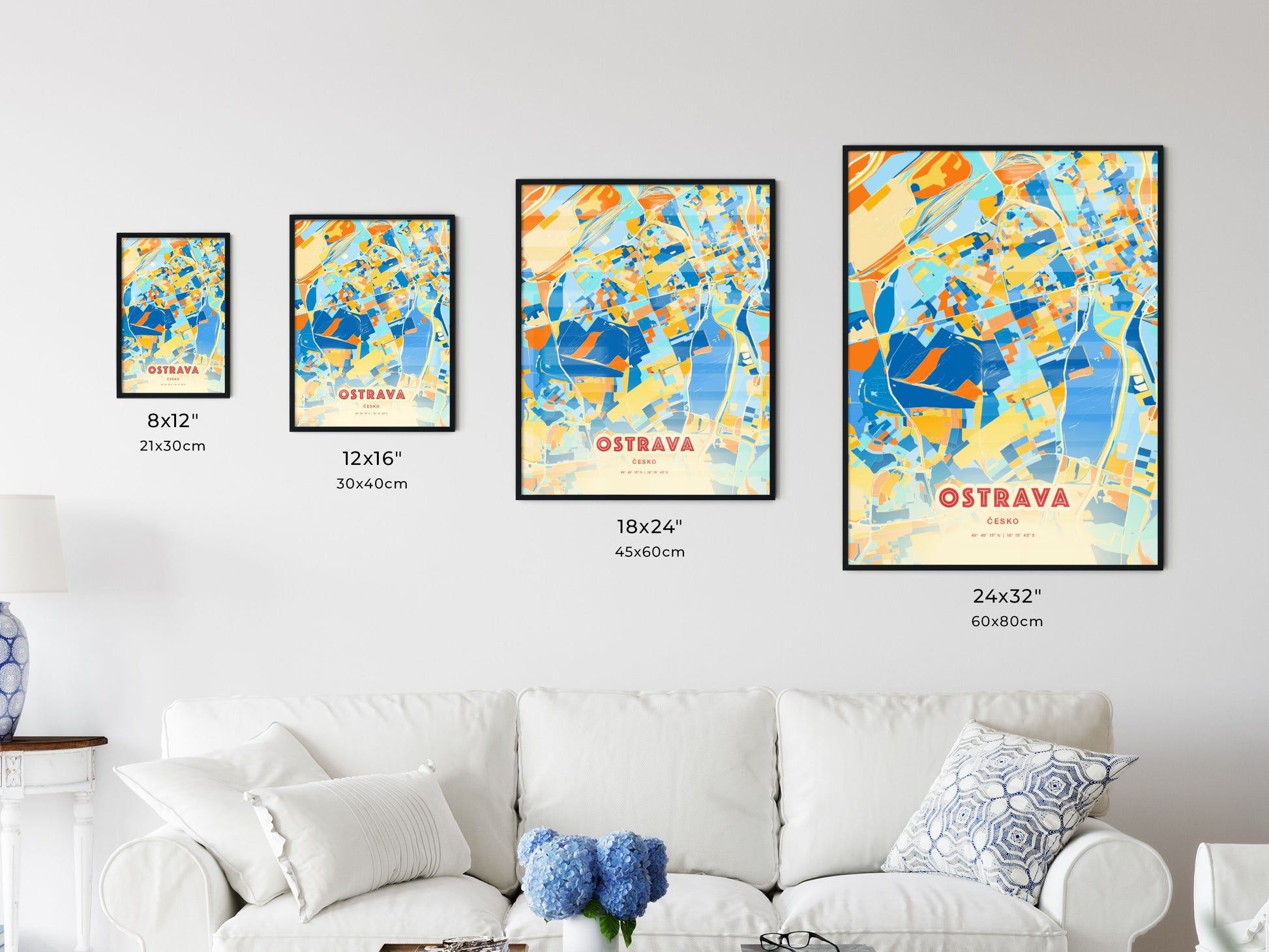 Colorful OSTRAVA CZECHIA Fine Art Map Blue Orange