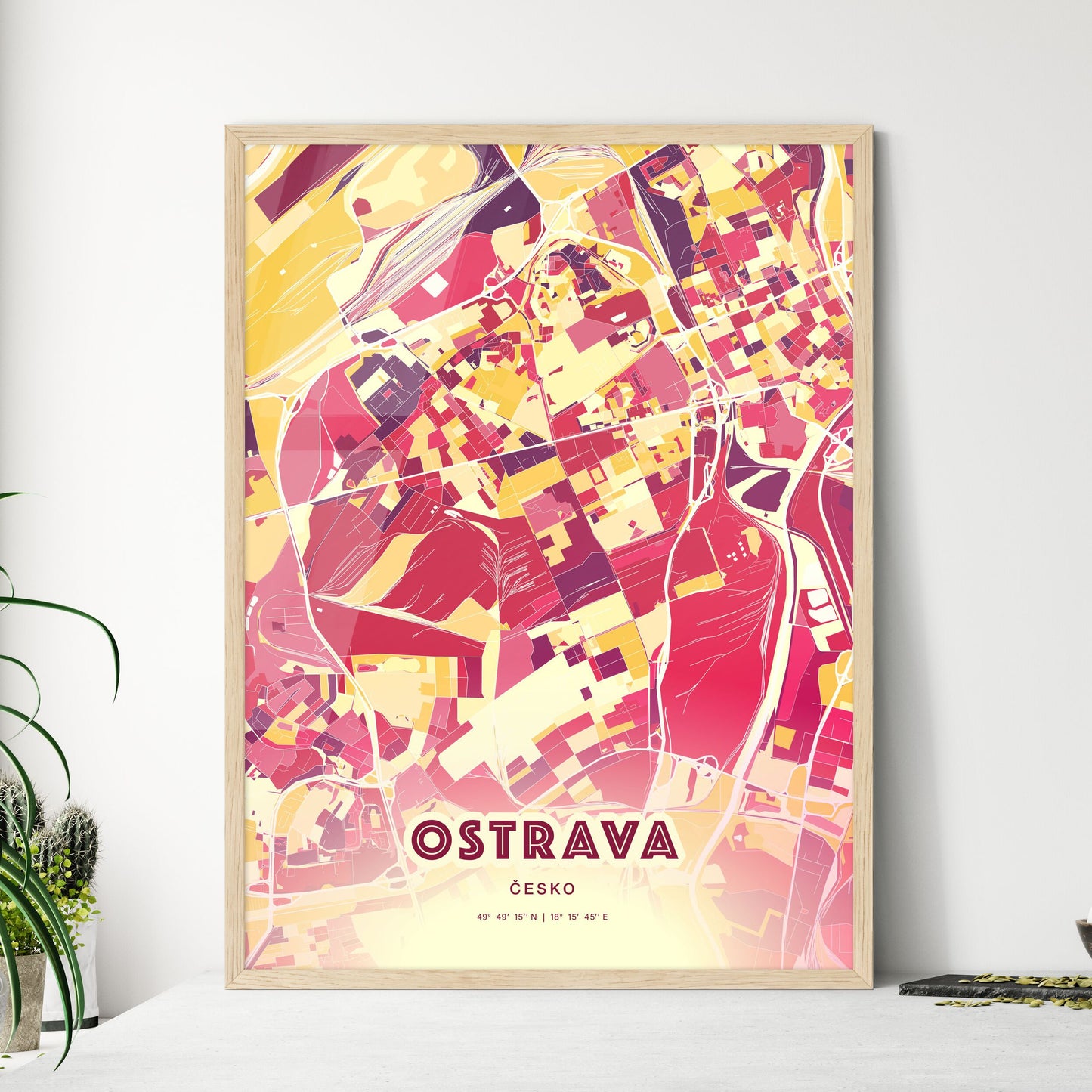 Colorful OSTRAVA CZECHIA Fine Art Map Hot Red