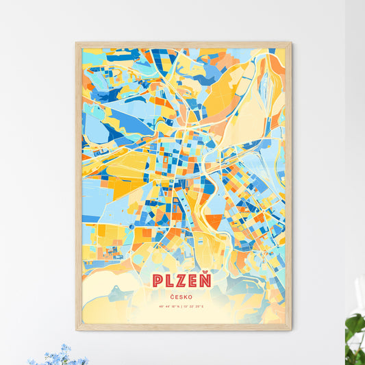 Colorful PLZEŇ CZECHIA Fine Art Map Blue Orange