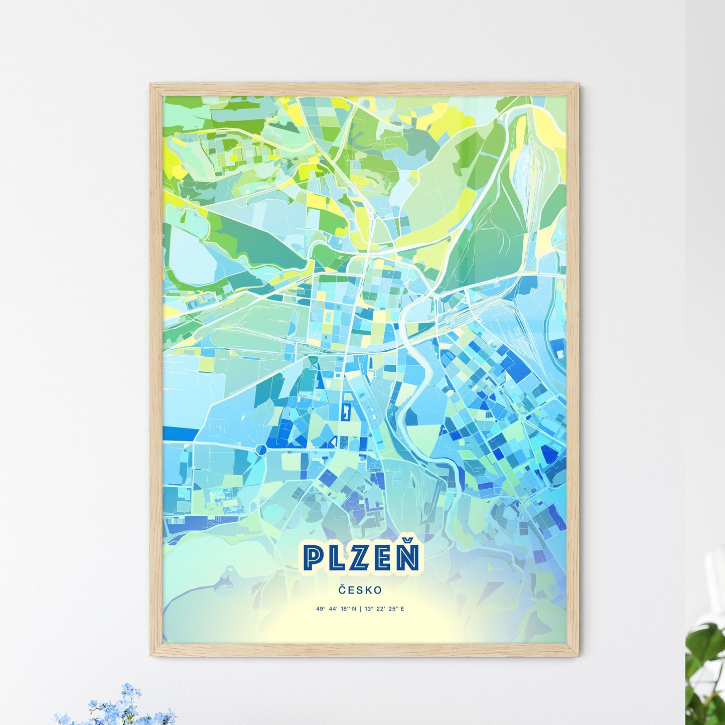 Colorful PLZEŇ CZECHIA Fine Art Map Cool Blue