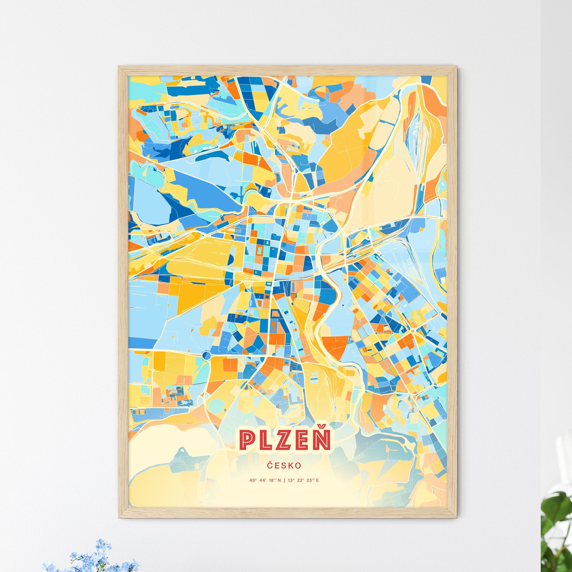 Colorful Plzeň Czechia Fine Art Map Blue Orange