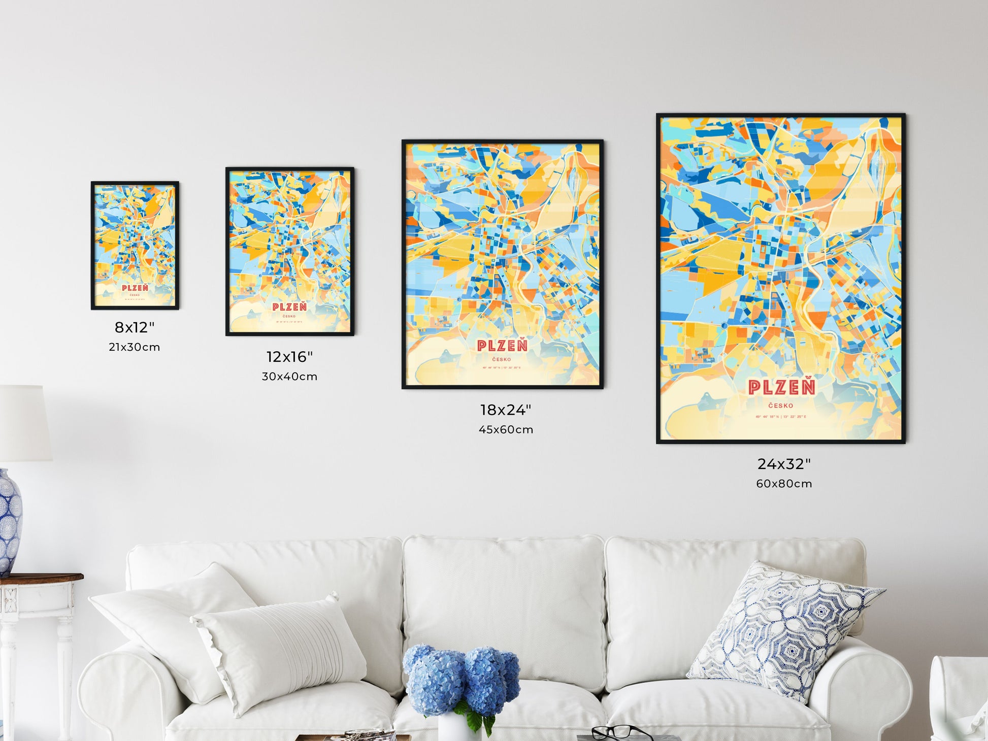 Colorful PLZEŇ CZECHIA Fine Art Map Blue Orange