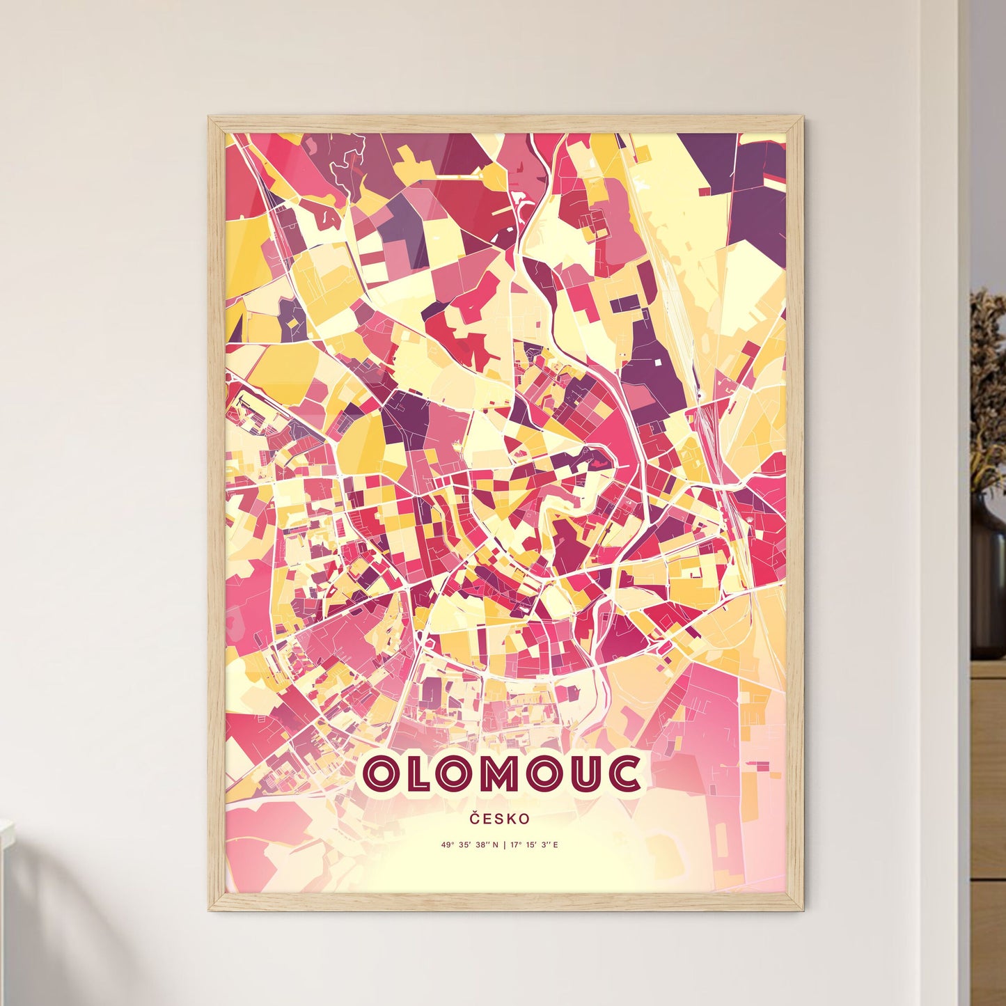 Colorful OLOMOUC CZECHIA Fine Art Map Hot Red