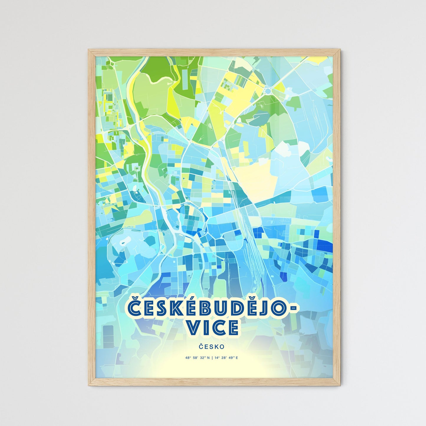 Colorful ČESKÉ BUDĚJOVICE CZECHIA Fine Art Map Cool Blue