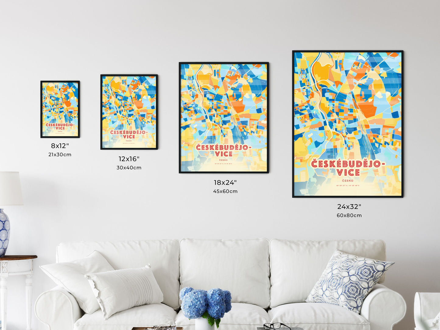 Colorful ČESKÉ BUDĚJOVICE CZECHIA Fine Art Map Blue Orange