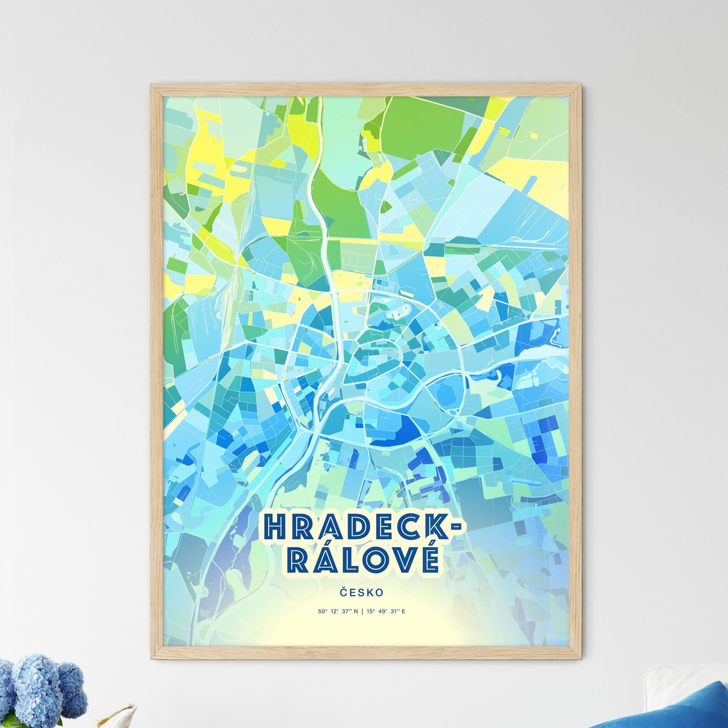 Colorful HRADEC KRÁLOVÉ CZECHIA Fine Art Map Cool Blue