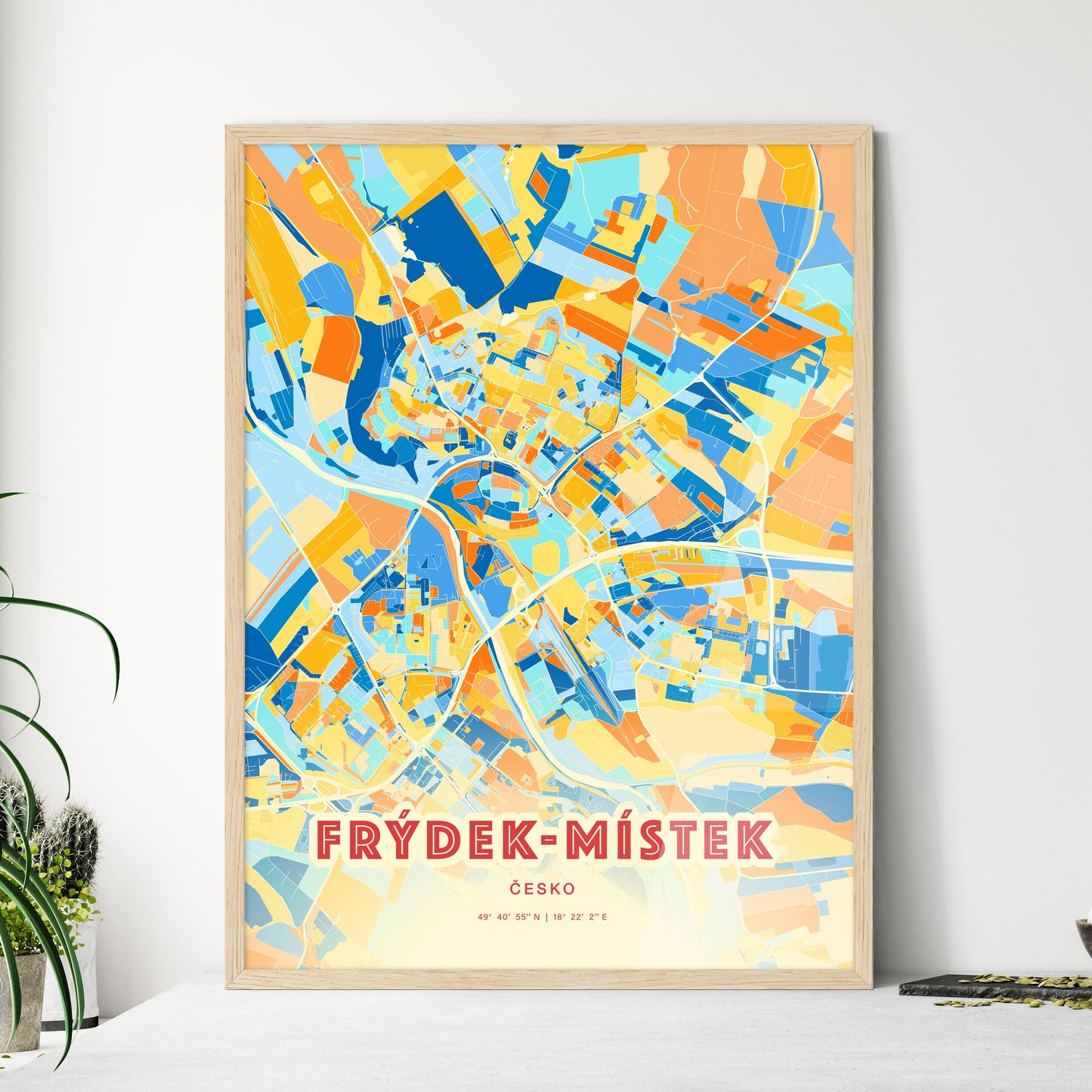 Colorful FRÝDEK-MÍSTEK CZECHIA Fine Art Map Blue Orange