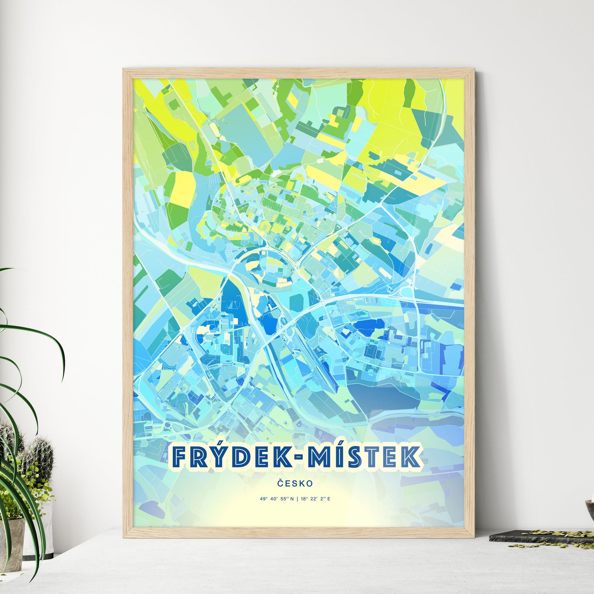 Colorful FRÝDEK-MÍSTEK CZECHIA Fine Art Map Cool Blue