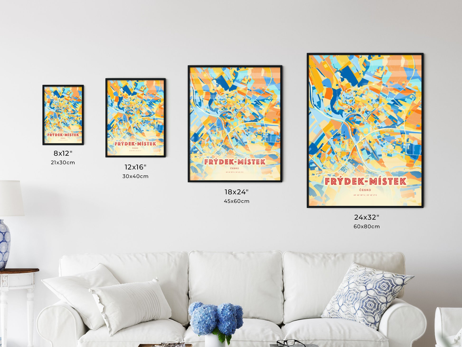 Colorful FRÝDEK-MÍSTEK CZECHIA Fine Art Map Blue Orange