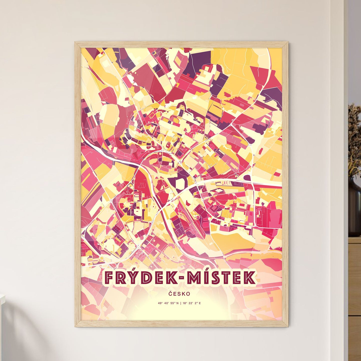 Colorful FRÝDEK-MÍSTEK CZECHIA Fine Art Map Hot Red