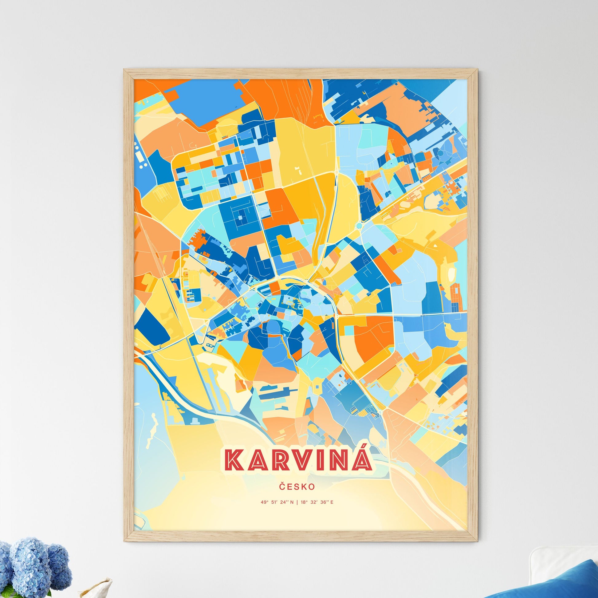 Colorful KARVINÁ CZECHIA Fine Art Map Blue Orange