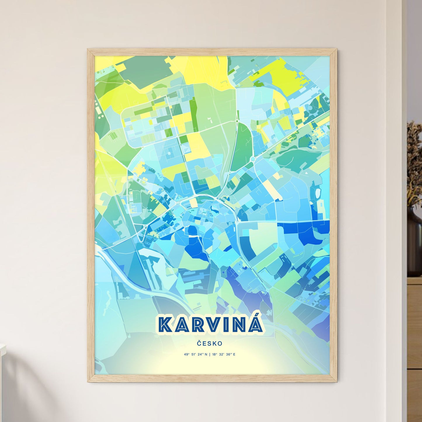 Colorful KARVINÁ CZECHIA Fine Art Map Cool Blue