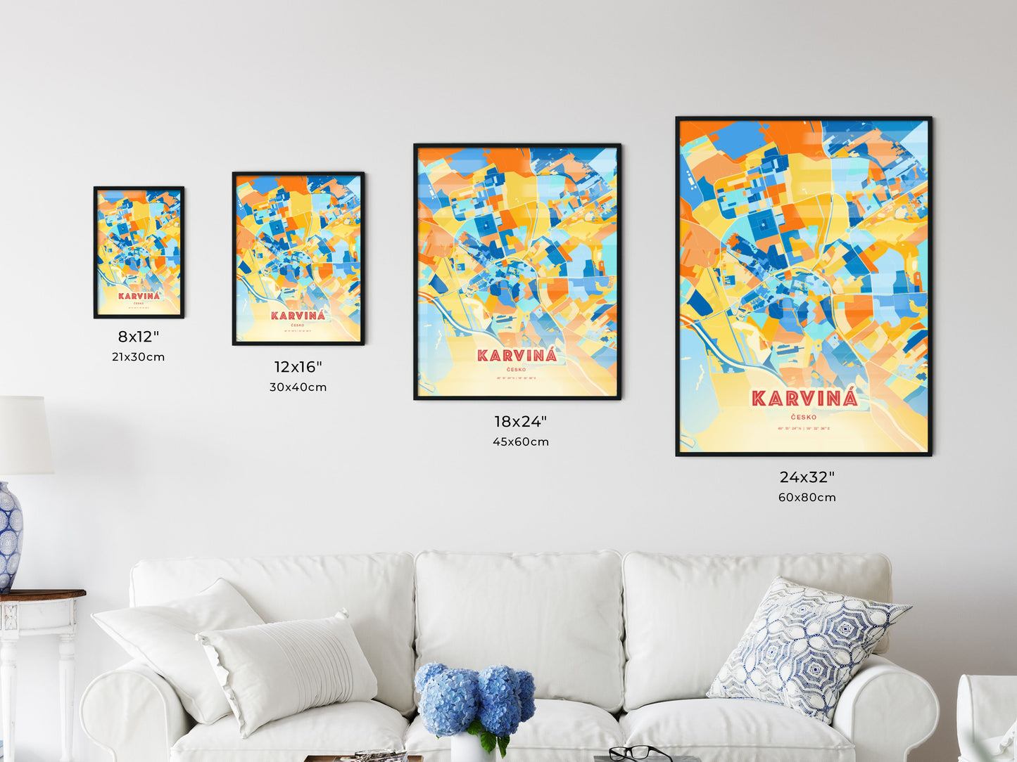 Colorful KARVINÁ CZECHIA Fine Art Map Blue Orange