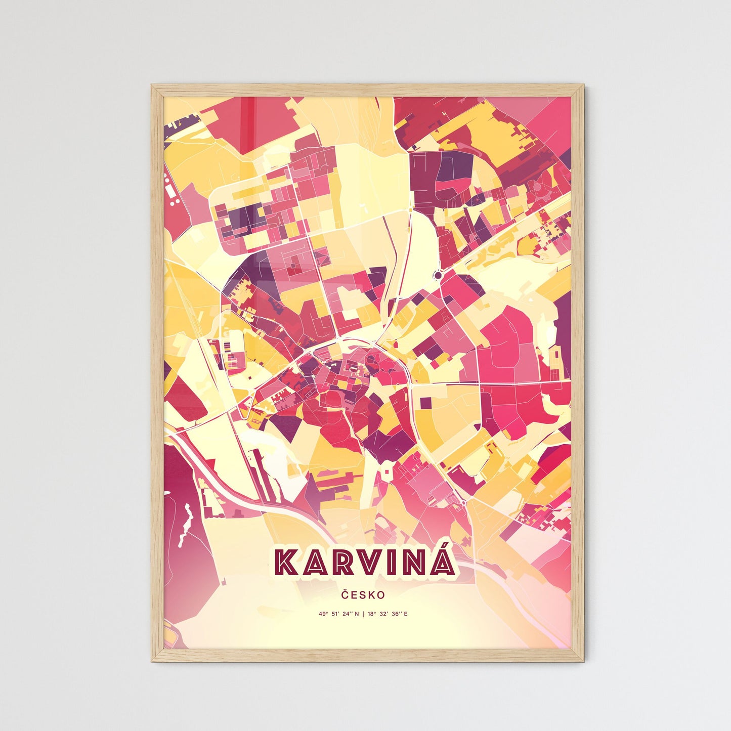 Colorful KARVINÁ CZECHIA Fine Art Map Hot Red