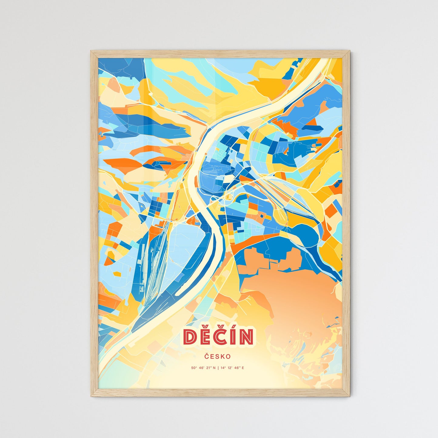 Colorful DĚČÍN CZECHIA Fine Art Map Blue Orange