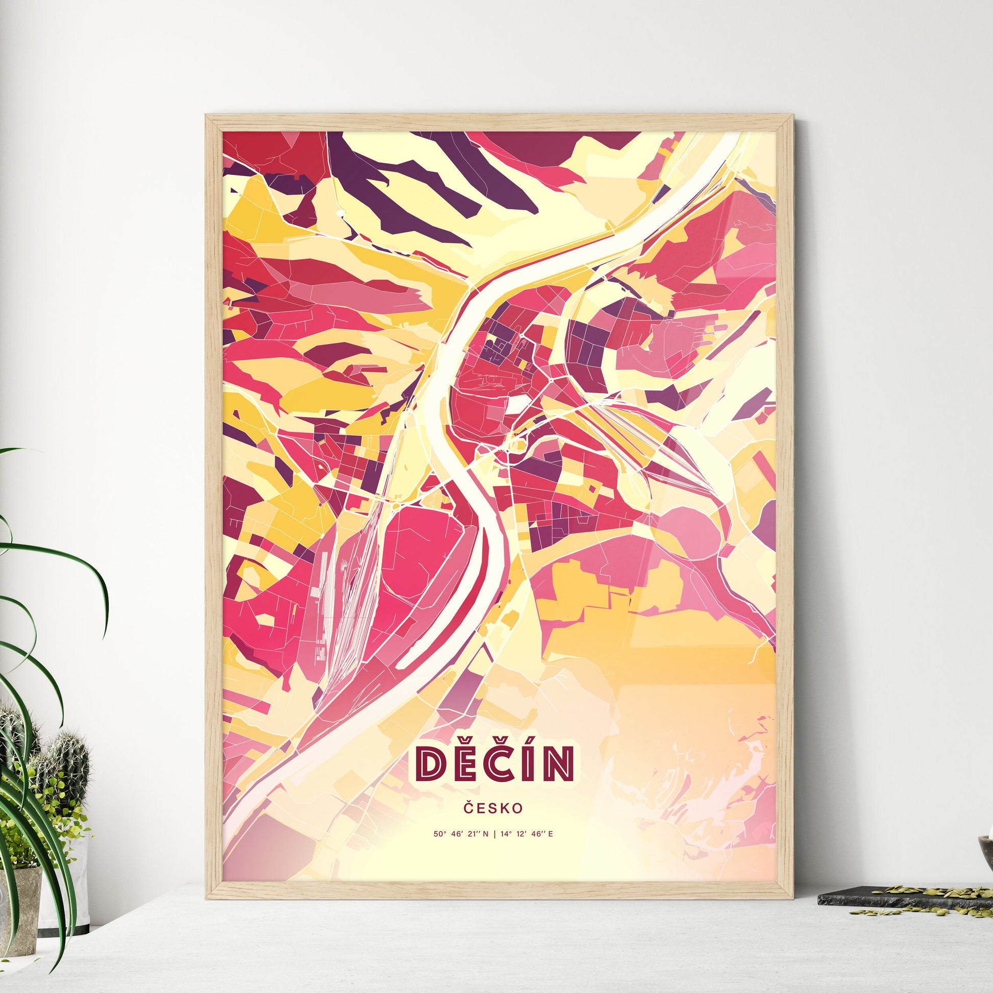 Colorful DĚČÍN CZECHIA Fine Art Map Hot Red