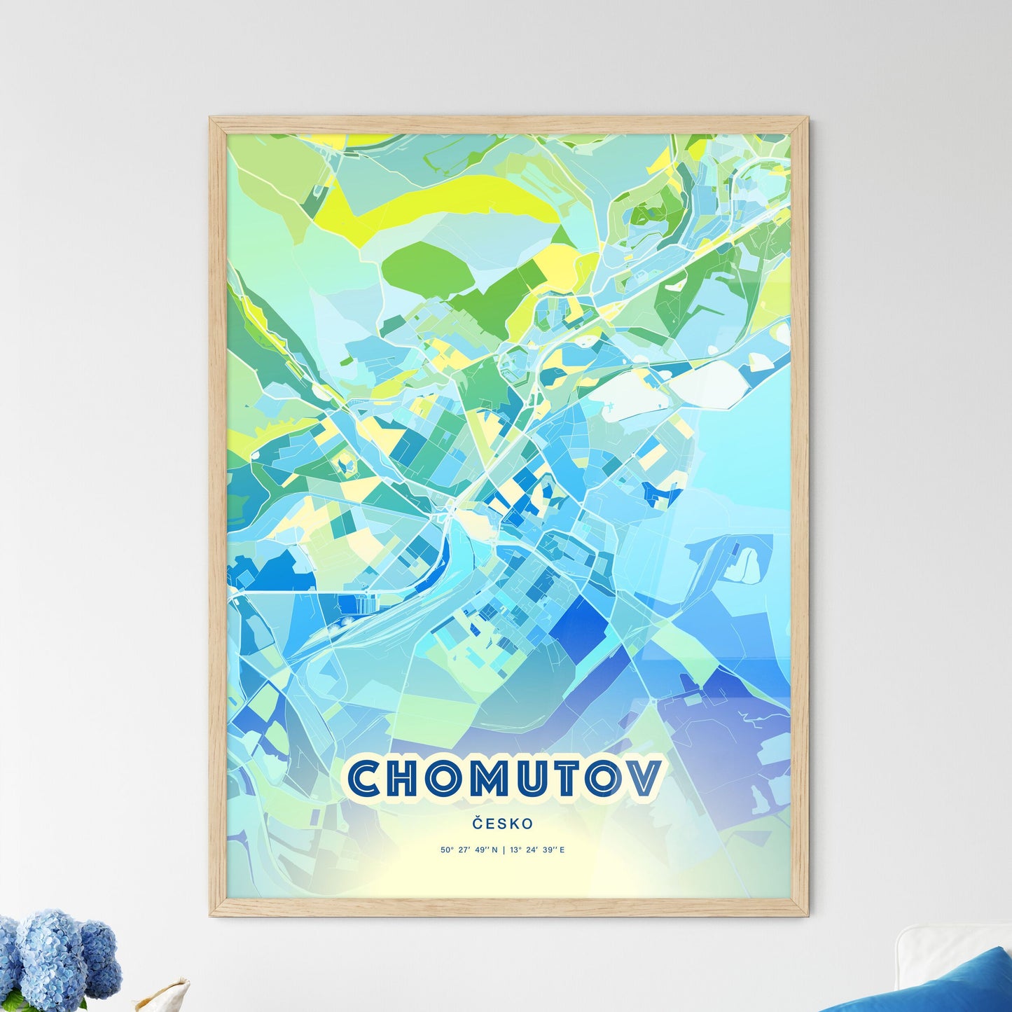 Colorful CHOMUTOV CZECHIA Fine Art Map Cool Blue