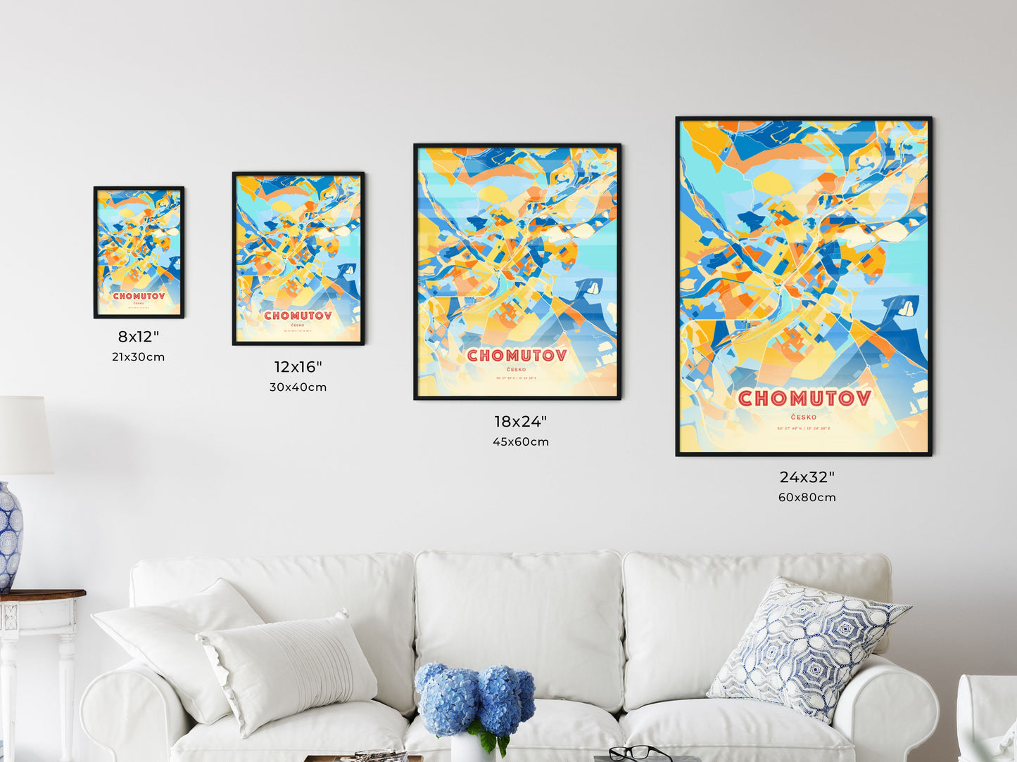 Colorful CHOMUTOV CZECHIA Fine Art Map Blue Orange