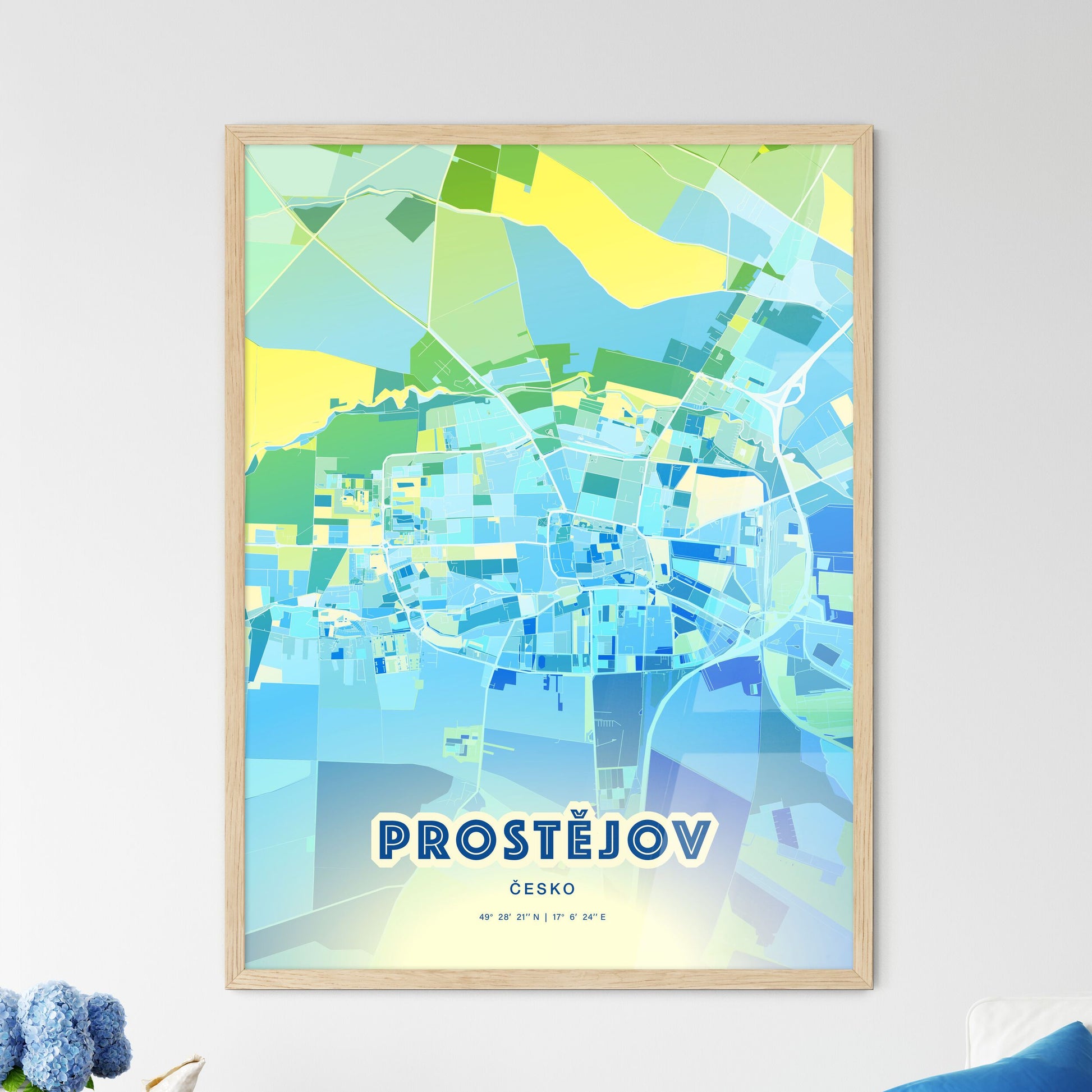 Colorful PROSTĚJOV CZECHIA Fine Art Map Cool Blue