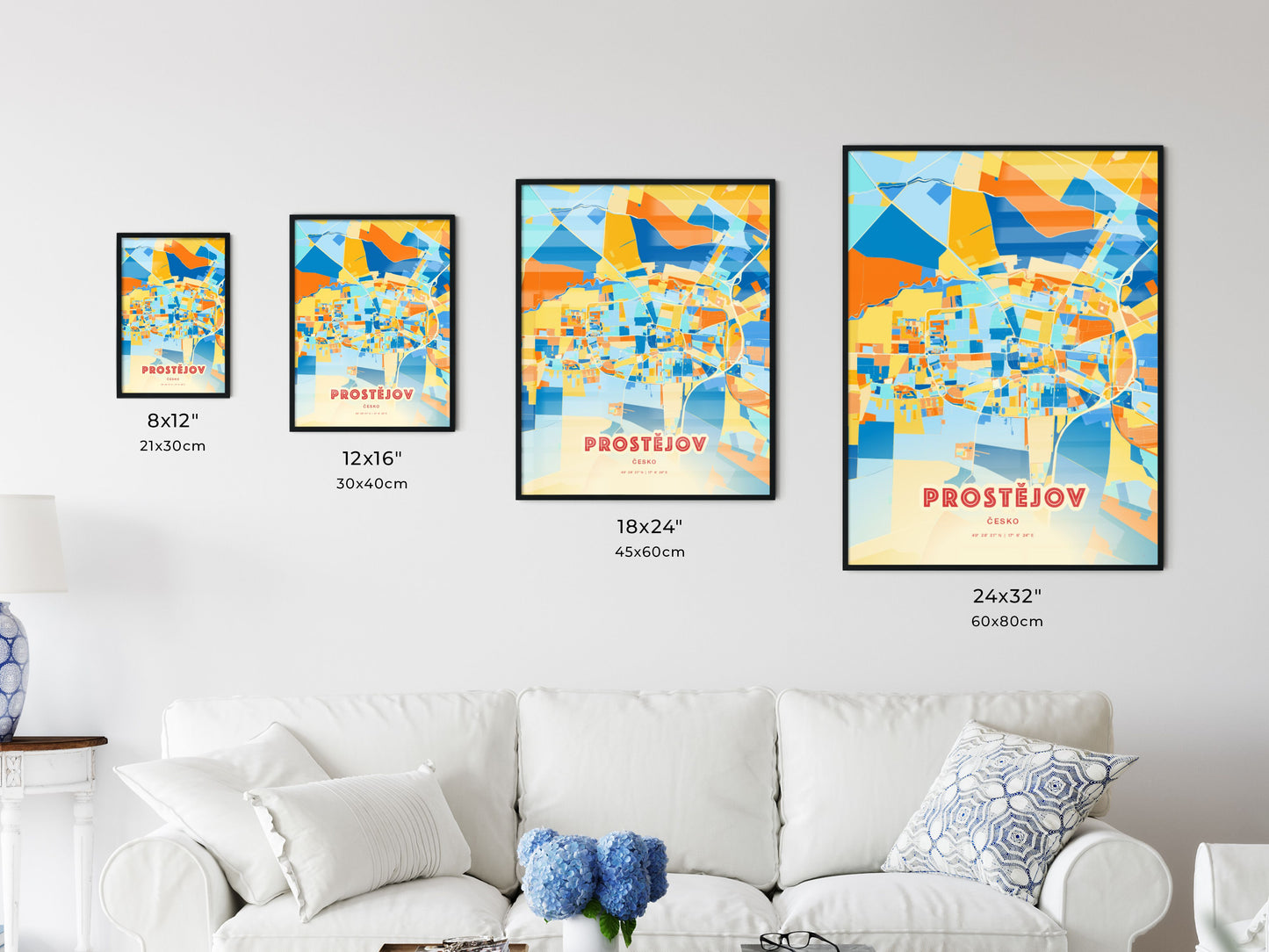 Colorful PROSTĚJOV CZECHIA Fine Art Map Blue Orange