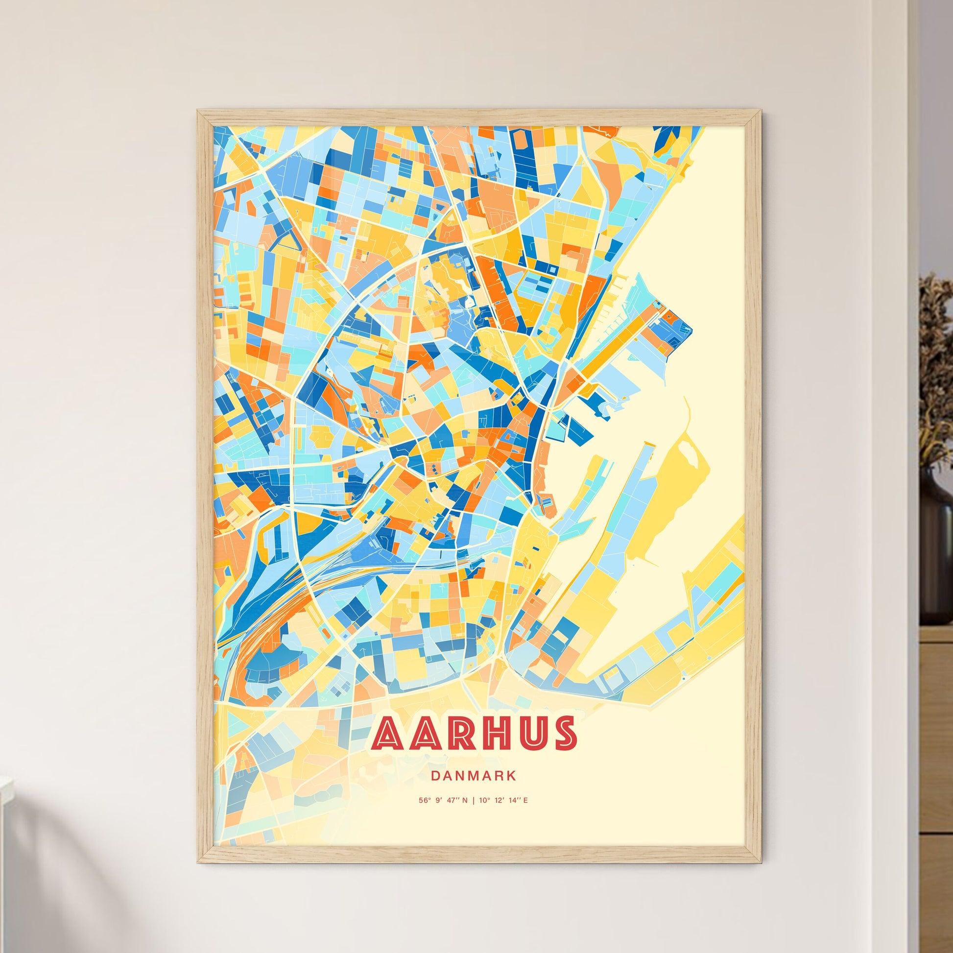 Colorful Aarhus Denmark Fine Art Map Blue Orange