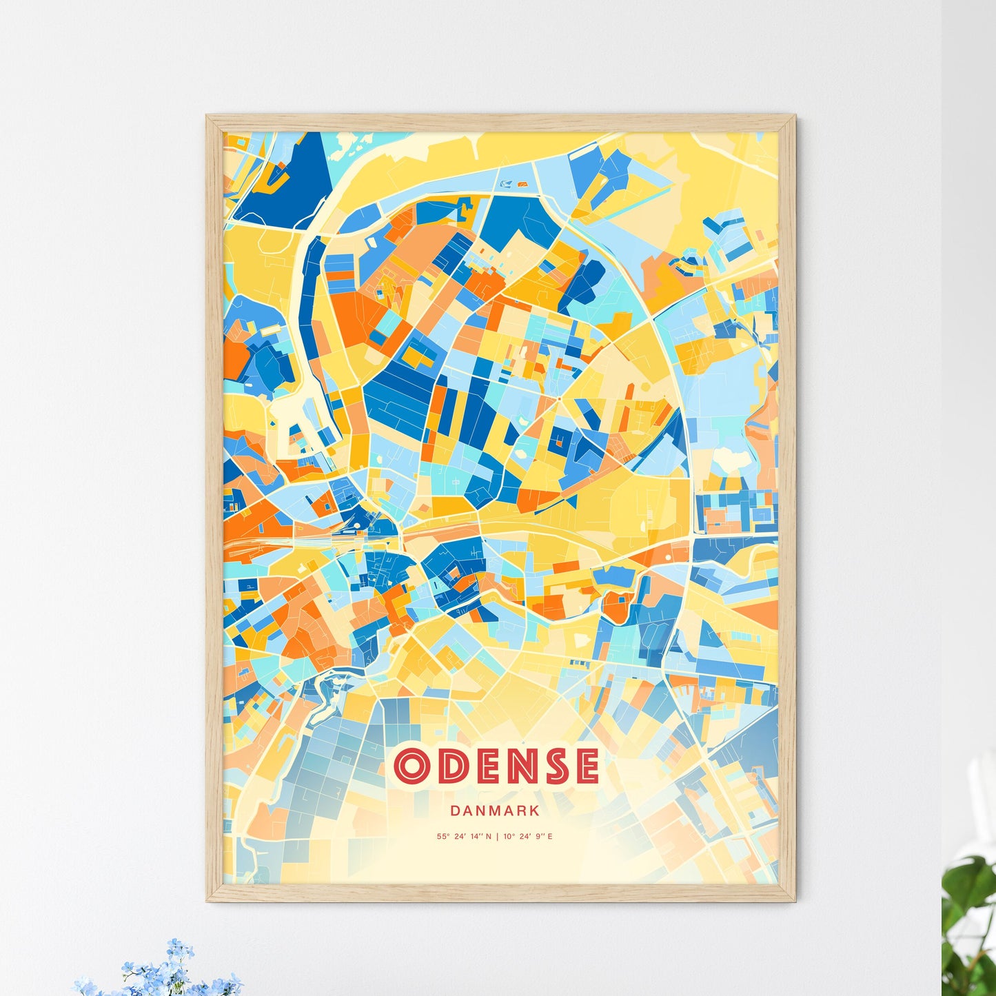 Colorful Odense Denmark Fine Art Map Blue Orange