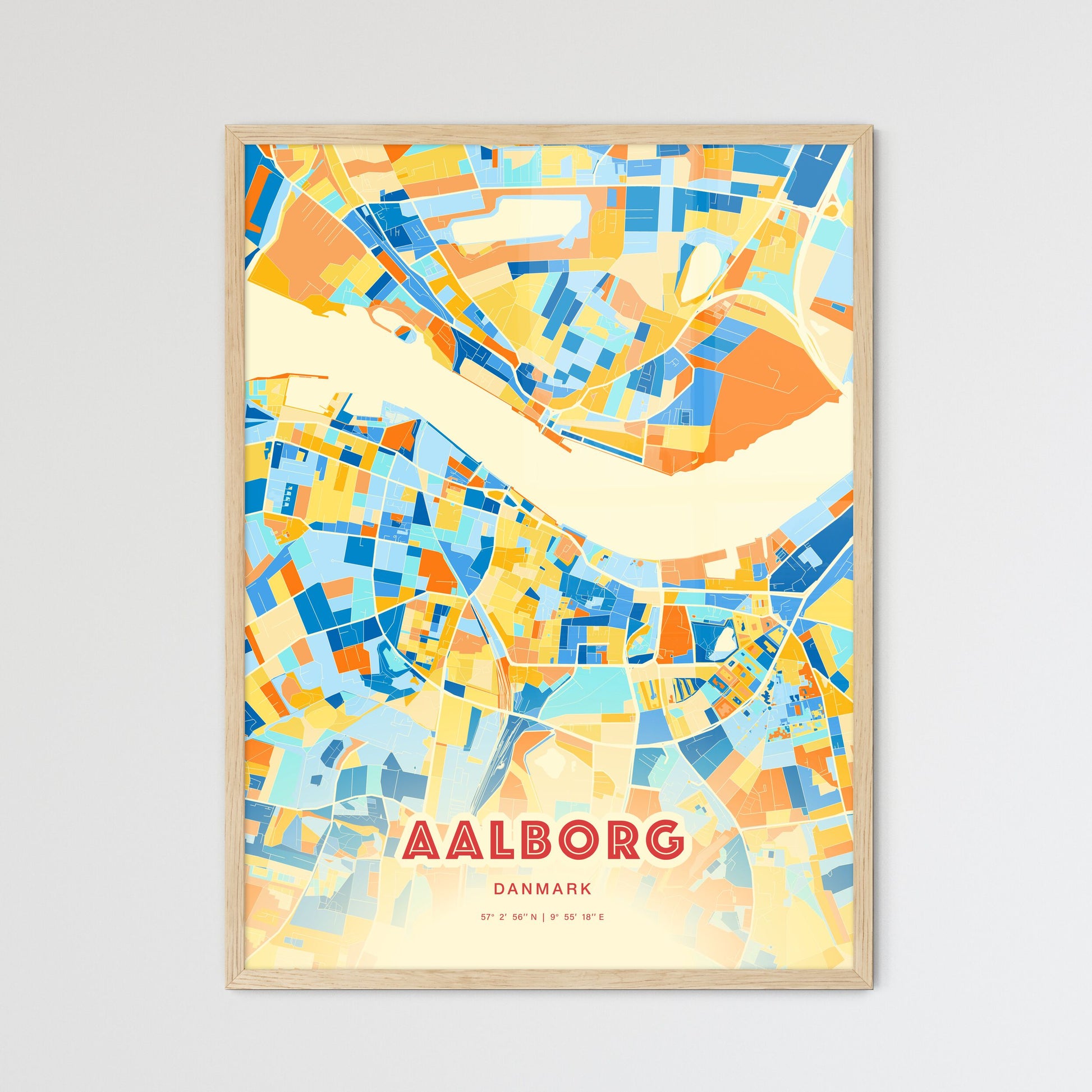 Colorful Aalborg Denmark Fine Art Map Blue Orange