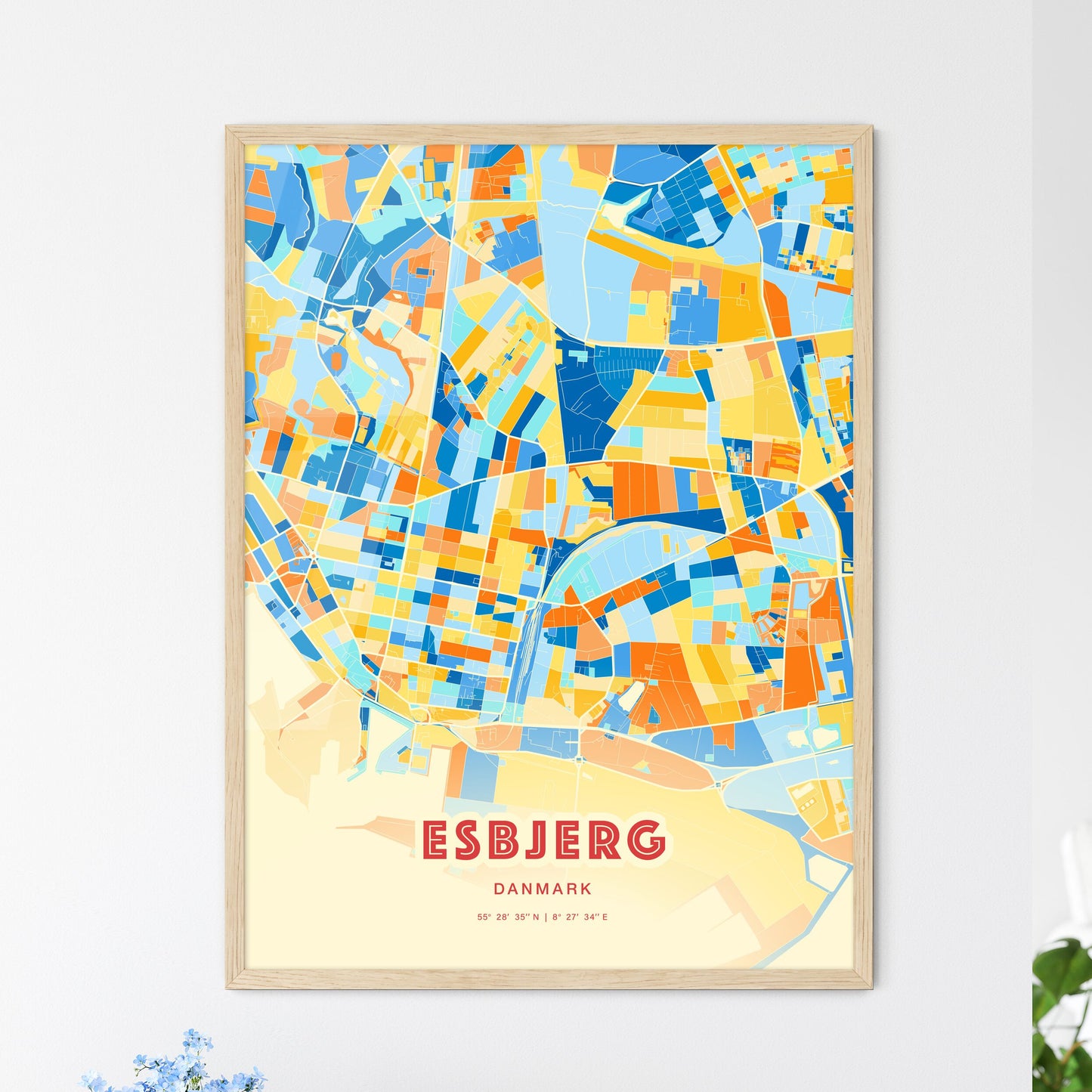 Colorful ESBJERG DENMARK Fine Art Map Blue Orange