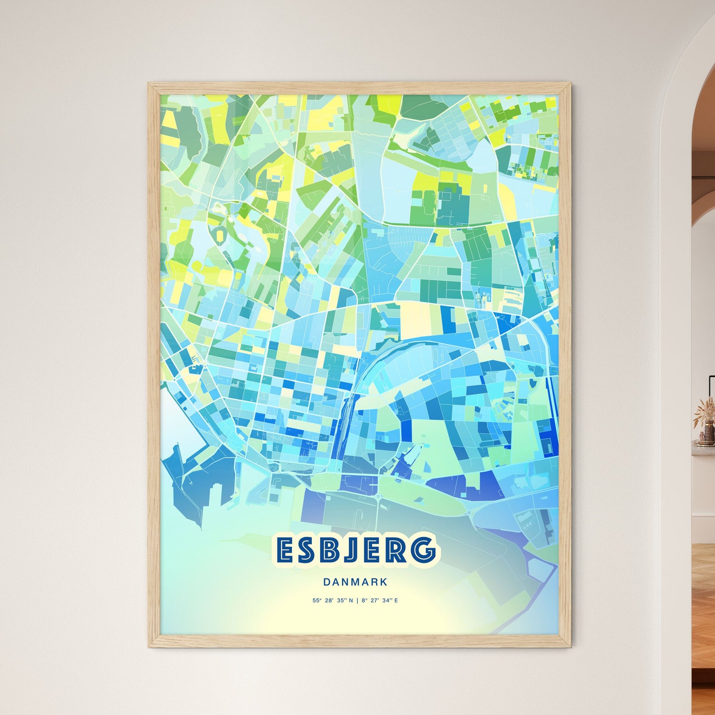 Colorful ESBJERG DENMARK Fine Art Map Cool Blue