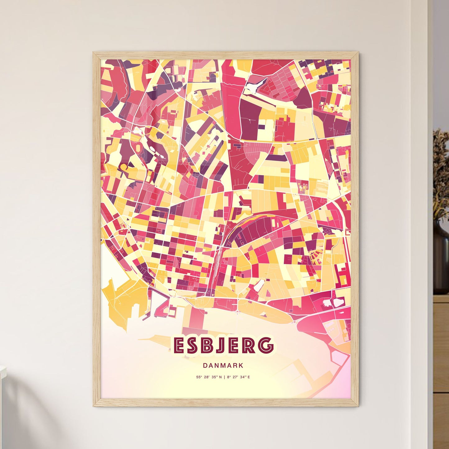 Colorful ESBJERG DENMARK Fine Art Map Hot Red