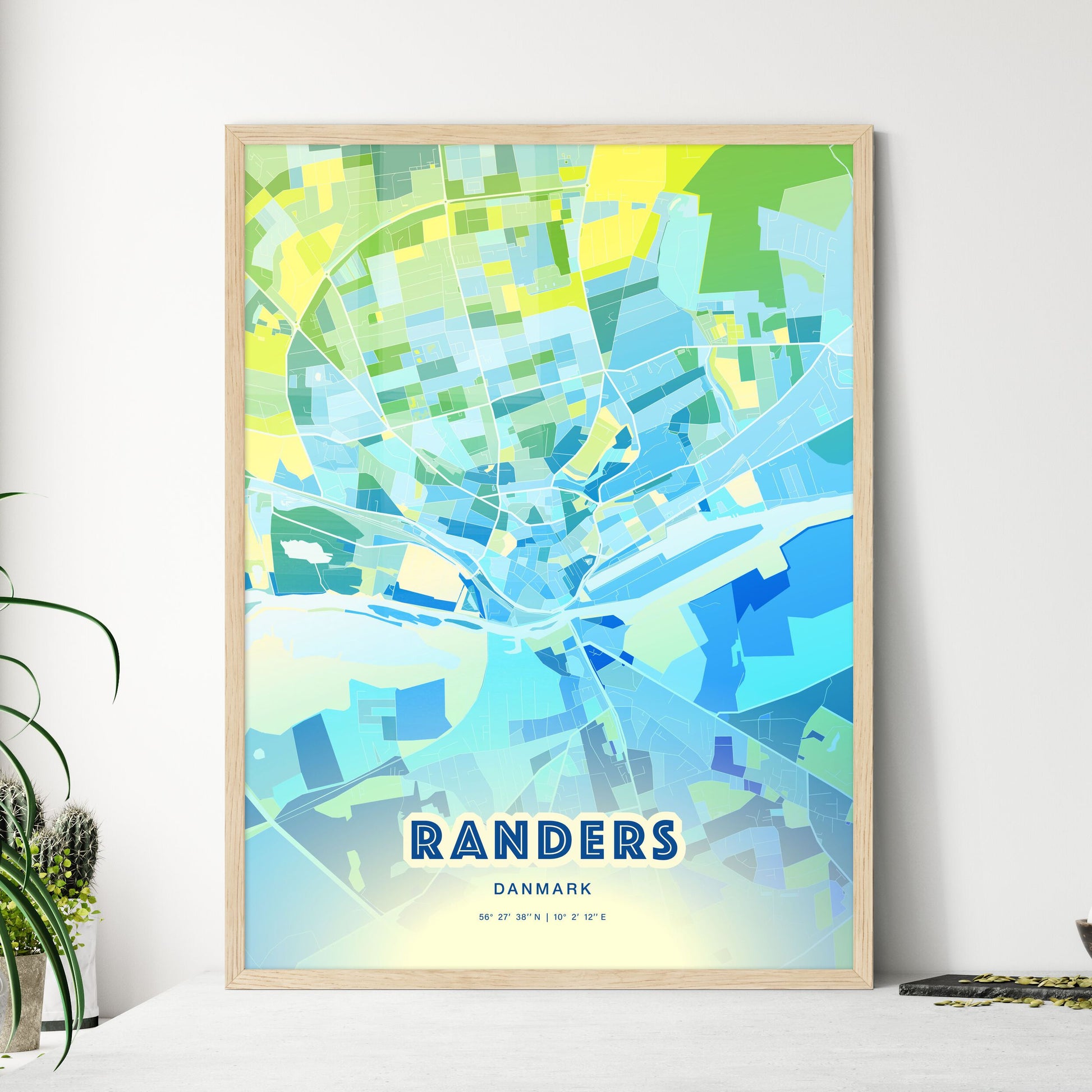 Colorful RANDERS DENMARK Fine Art Map Cool Blue