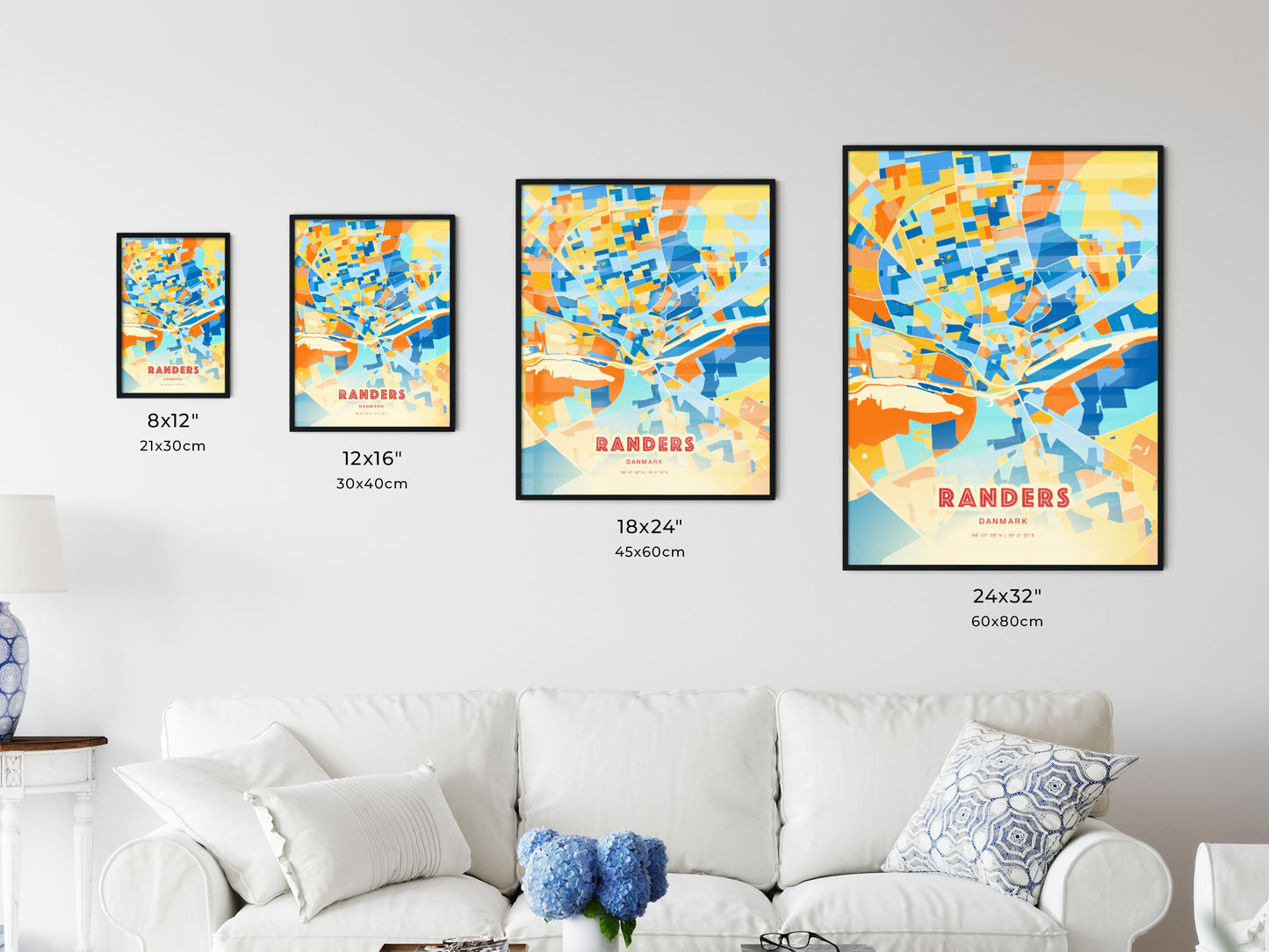 Colorful RANDERS DENMARK Fine Art Map Blue Orange