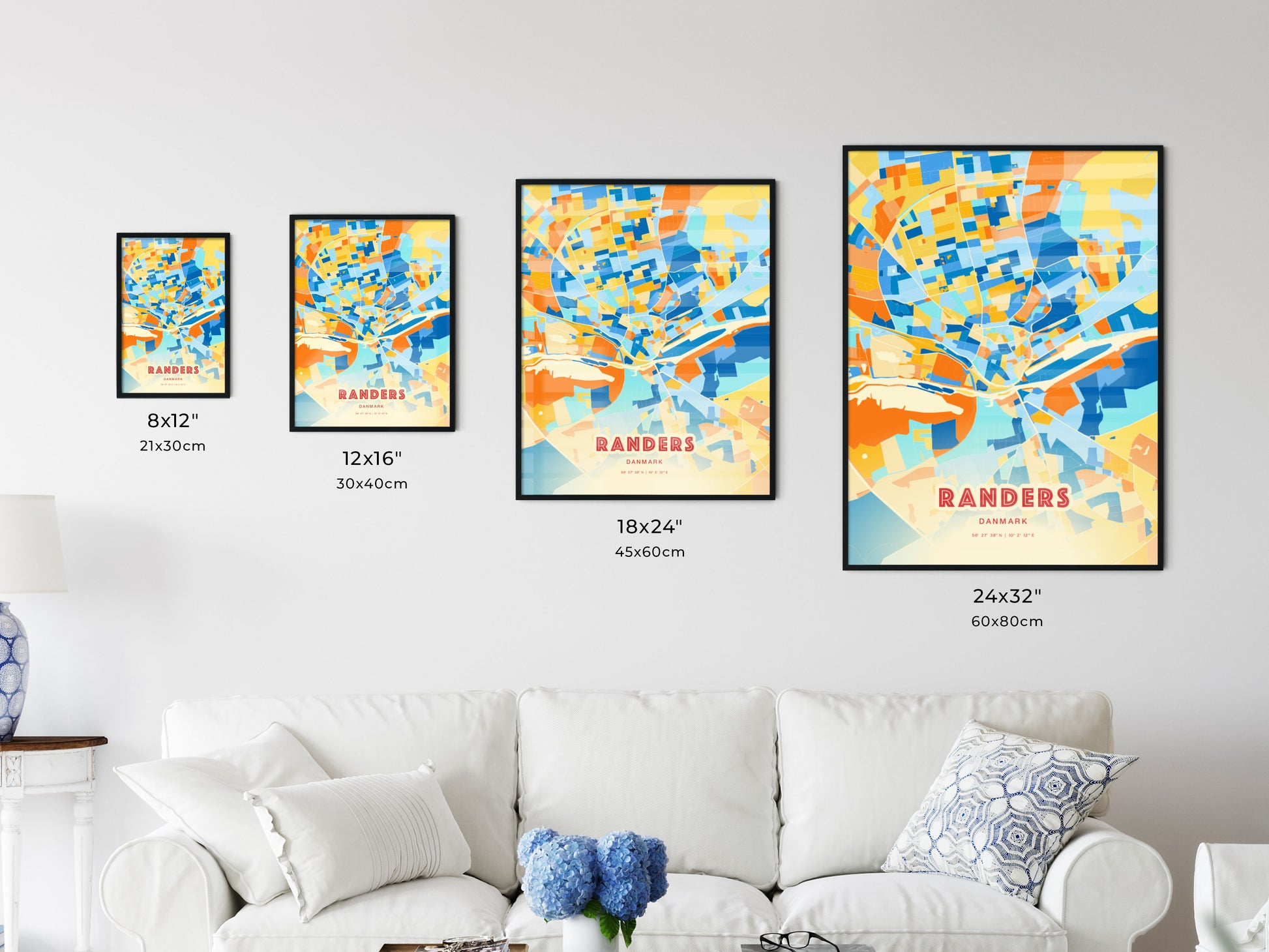 Colorful RANDERS DENMARK Fine Art Map Blue Orange