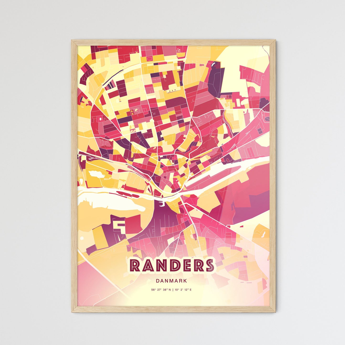 Colorful RANDERS DENMARK Fine Art Map Hot Red