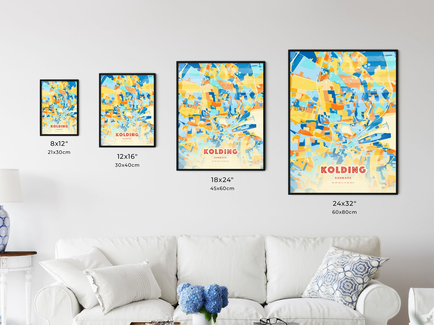 Colorful KOLDING DENMARK Fine Art Map Blue Orange