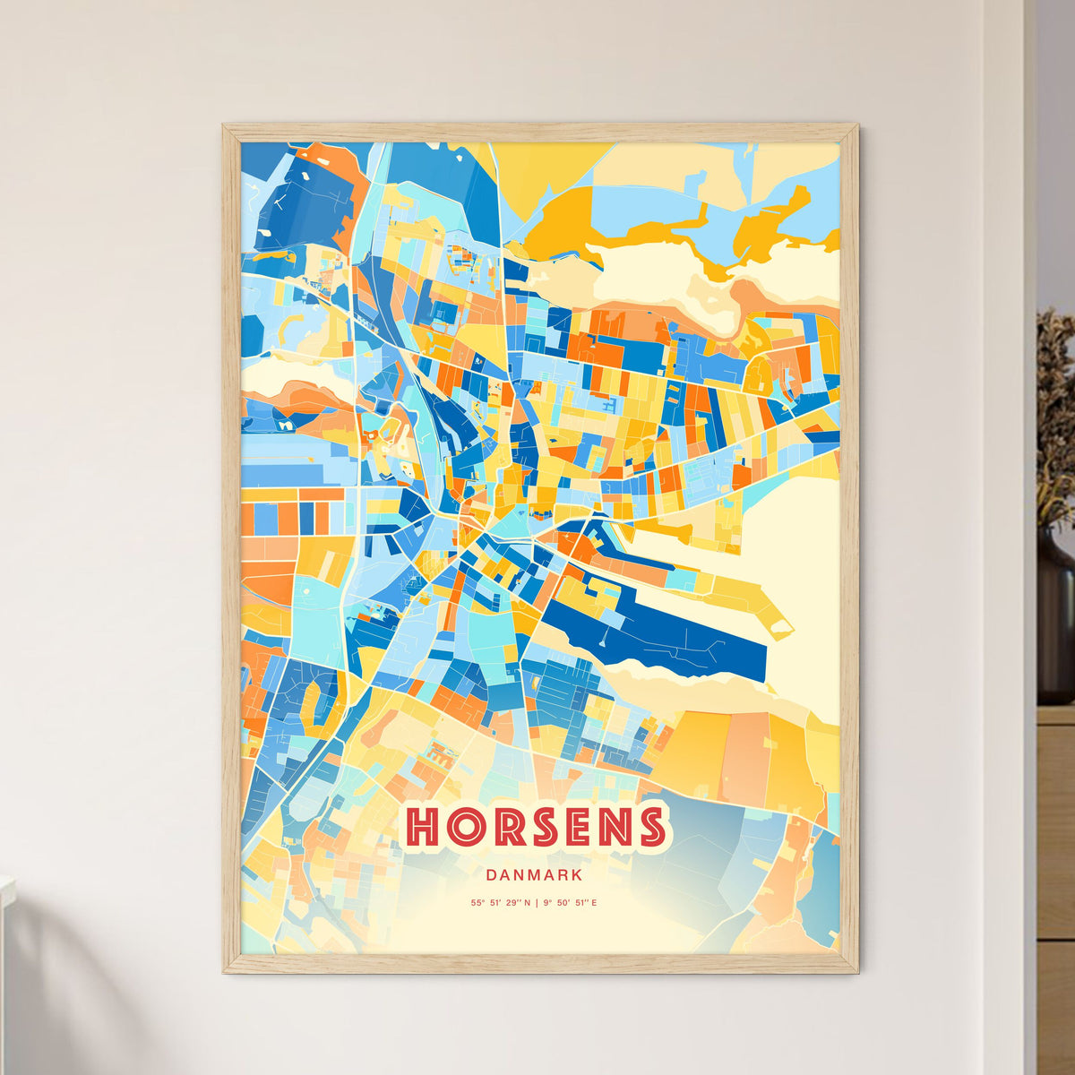 Colorful HORSENS DENMARK Fine Art Map Blue Orange